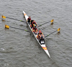 Wolfson women compete in Head of the River Fours 2010 in "Bernard Henry".  From bow: Aurélie Cuénod, Judith Scheele, Nanda Pirie, Megan Robb, and cox Lamorna Newcombe.