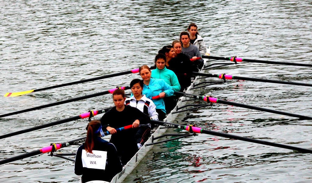 Women's novice boat competes in Christ Church Regatta 2013. (Left to right: Laura Hawkins, Mickaela Nixon, Anny Li, Kim Wilkinson, Irene Milana, Kelsey Murrell, Amelie Hartmann, Katie Rickard, Claudia Vadeboncoeur. Photographer: Akash Verma)