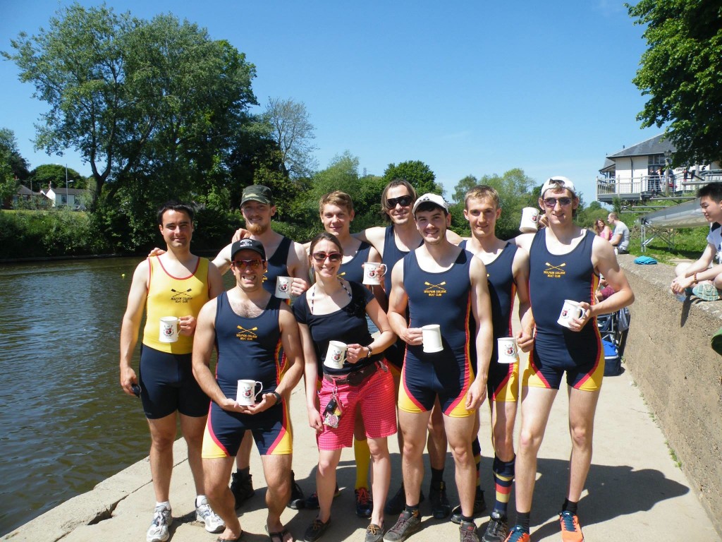 WCBC men's first boat win pots at Worcester Regatta. (Back row, from left: John McManigle, Thomas Aarholt, Jasper Barth, James Simpson, Gido Van de Ven, James Kirkbride; front row, from left: Neil Dhir, Stefany Wragg, Jack Hornsby; photo credit: Jack Hornsby).